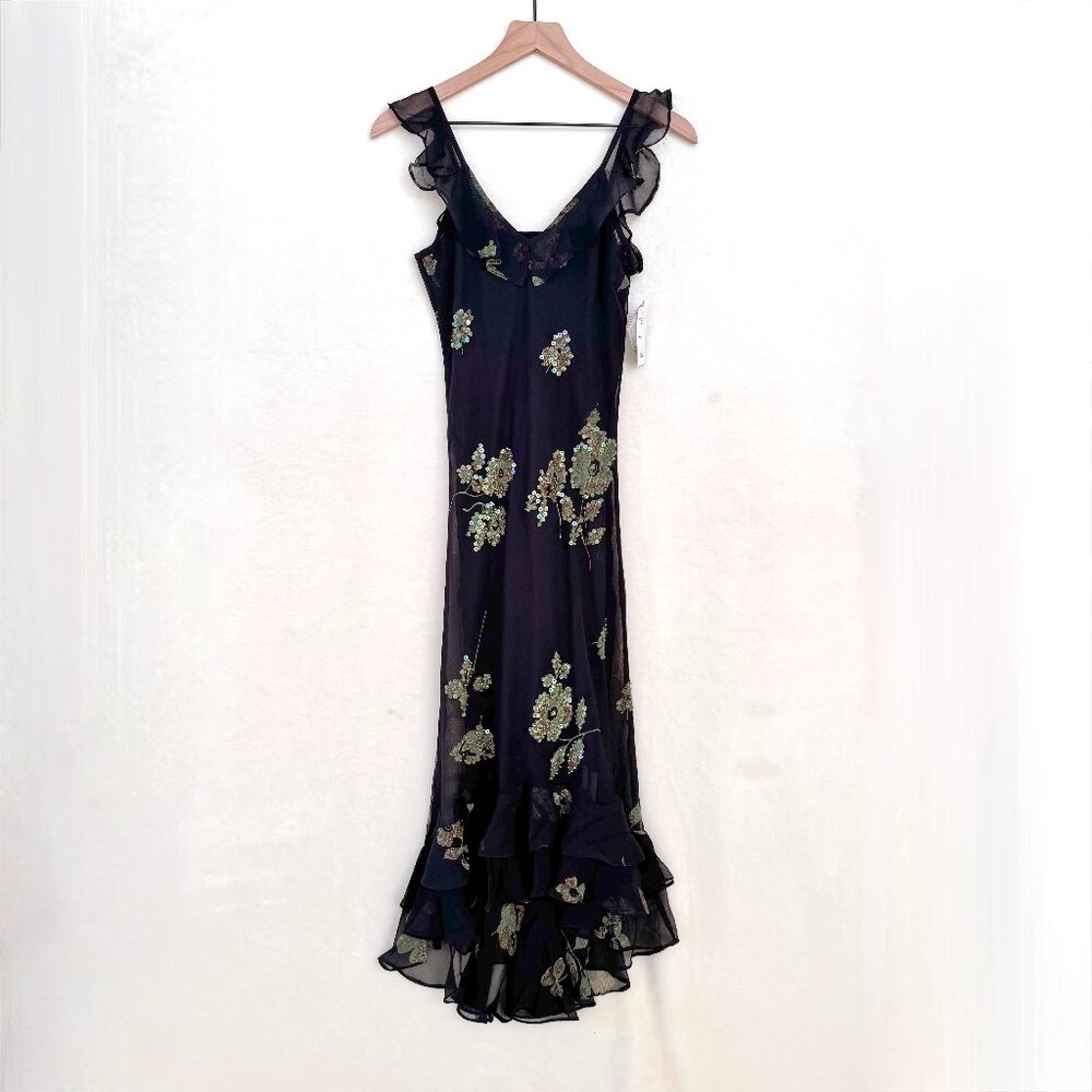 Chaudry Black and Green Floral Asymmetrical Dress w/ Sequins